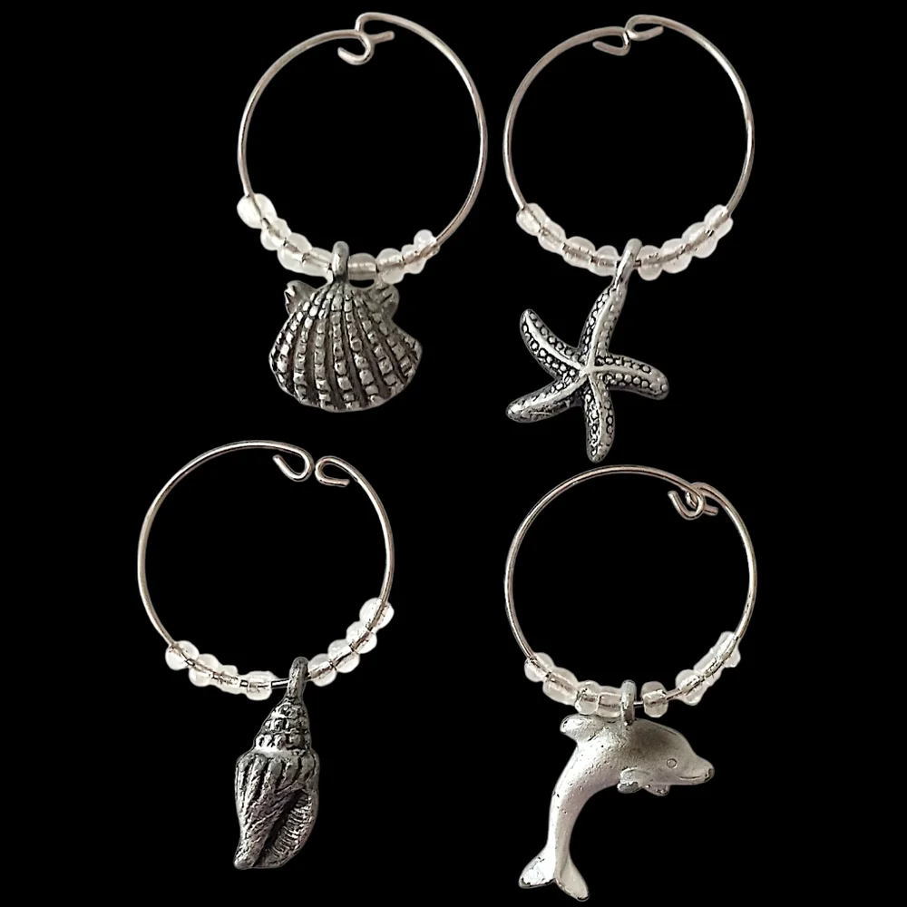 4 Beach Themed Wine Glass Charms Vintage Y2K Silver Tone Beaded Coastal Nautical